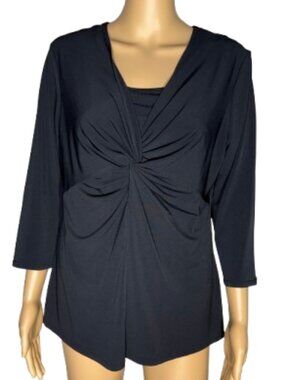B-slim Black Twist-Front 3/4 Sleeve Women's Slimming Blouse Size Large
